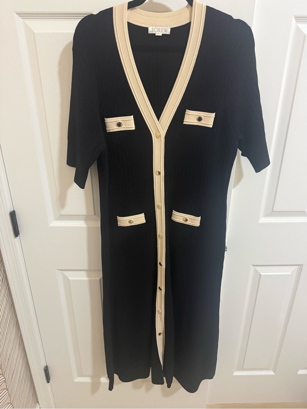 J. Crew Black Midi Dress with Cream Trim and Gold Buttons